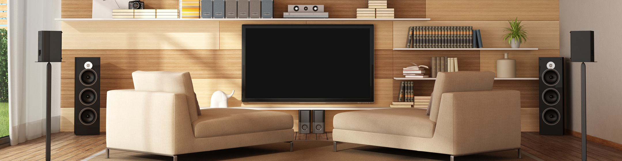Pic showing a render of a sitting room with a home cinema and speakers in place