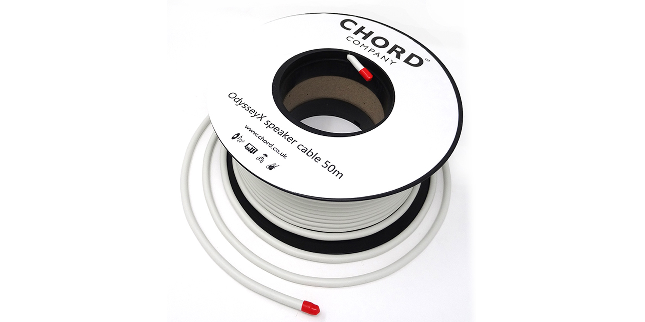 Pic showing a roll of Chord Odyssey speaker cable on a white background
