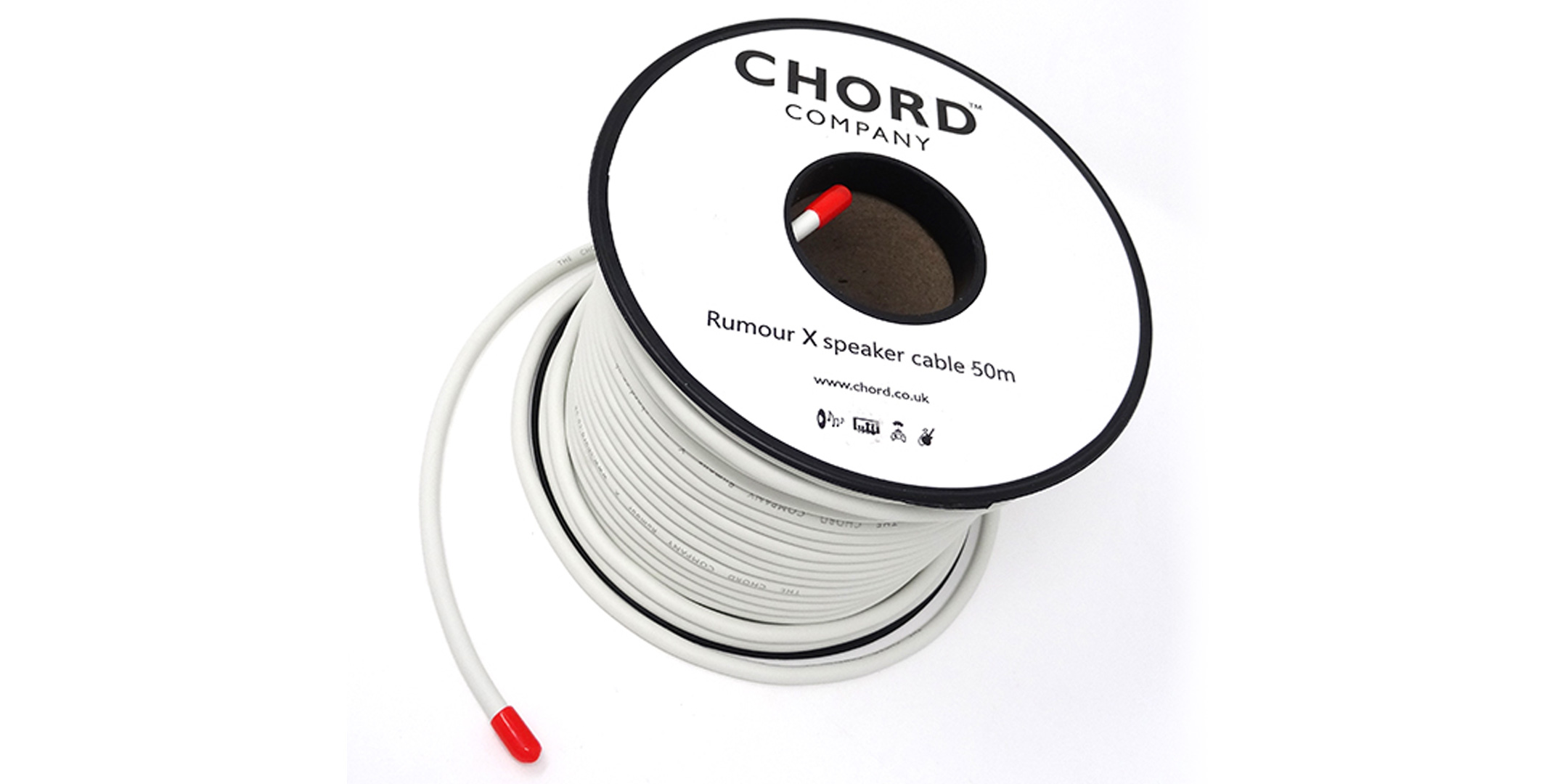 Pic showing a roll of Chord Rumour 2 speaker cable on a white background