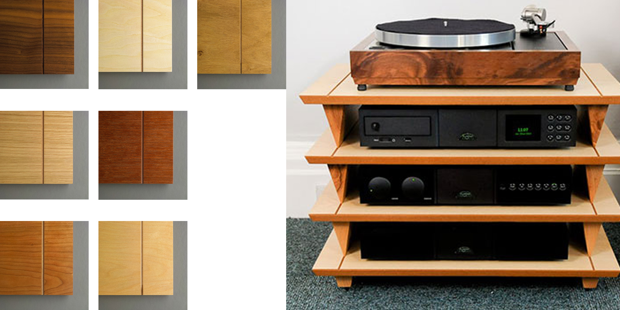 Pic showing an Isoblue 60 Series stand in Mahogany wood finish alongside the other colour variations