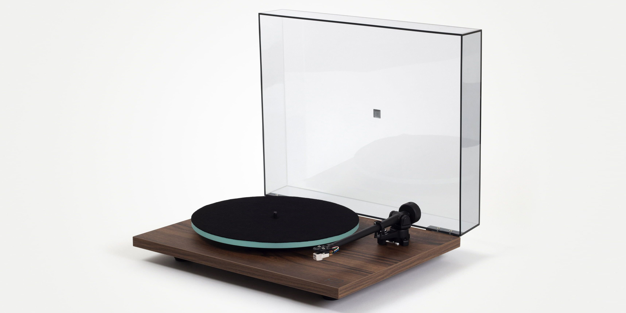 Pic showing a Walnut Rega Planar 2 Turntable from an angle with the lid raised on a white background