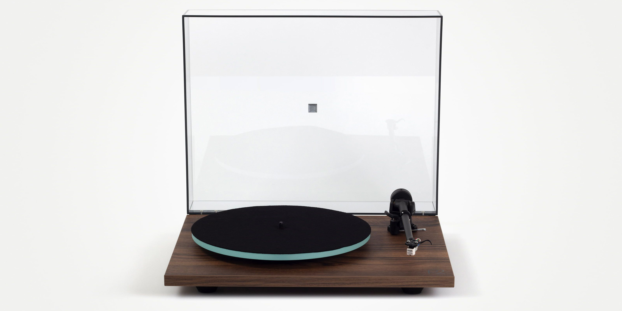 Pic showing a Walnut Rega Planar 2 Turntable with lid up from the front on a white background