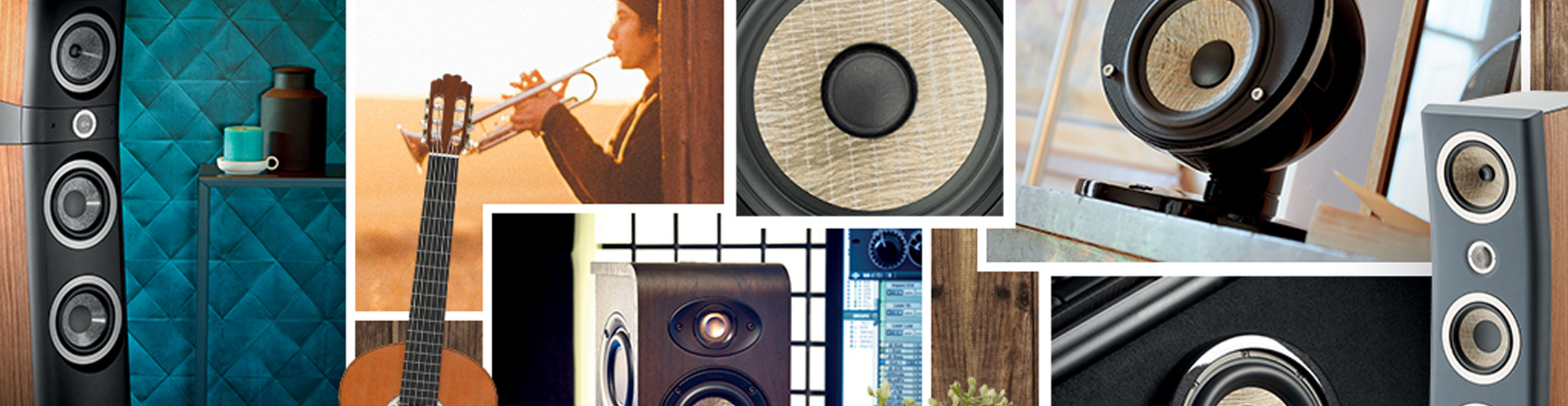 A collage of pics showing Focal speakers in different room settings